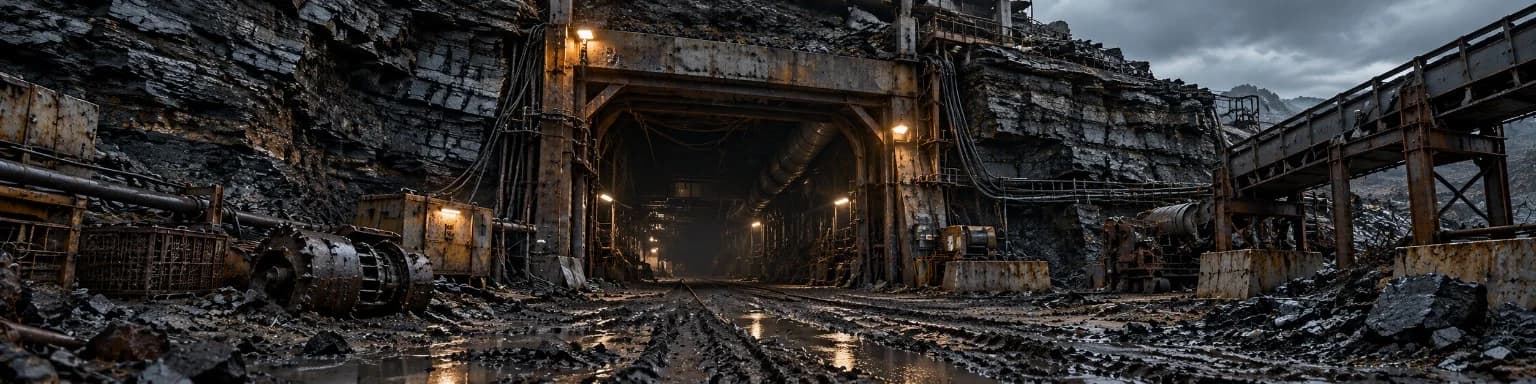 A rusted steel-framed mine entrance cut into black layered oil shale, warm lamps lighting a wet rutted track into the tunnel, machinery and a conveyor gantry to either side