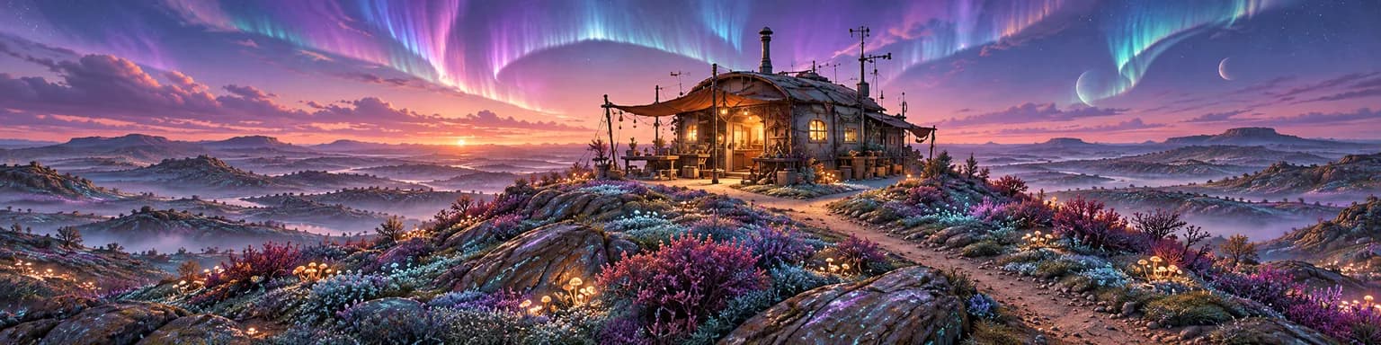 A small metal-roofed workshop with lit windows and a canvas awning on a rocky hilltop covered in violet and teal scrub and tiny glowing mushrooms, misty valleys and an aurora sky beyond