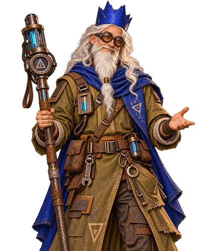 The Wise Old Enby, Researcher at Hilltop Workshop, friendly expression